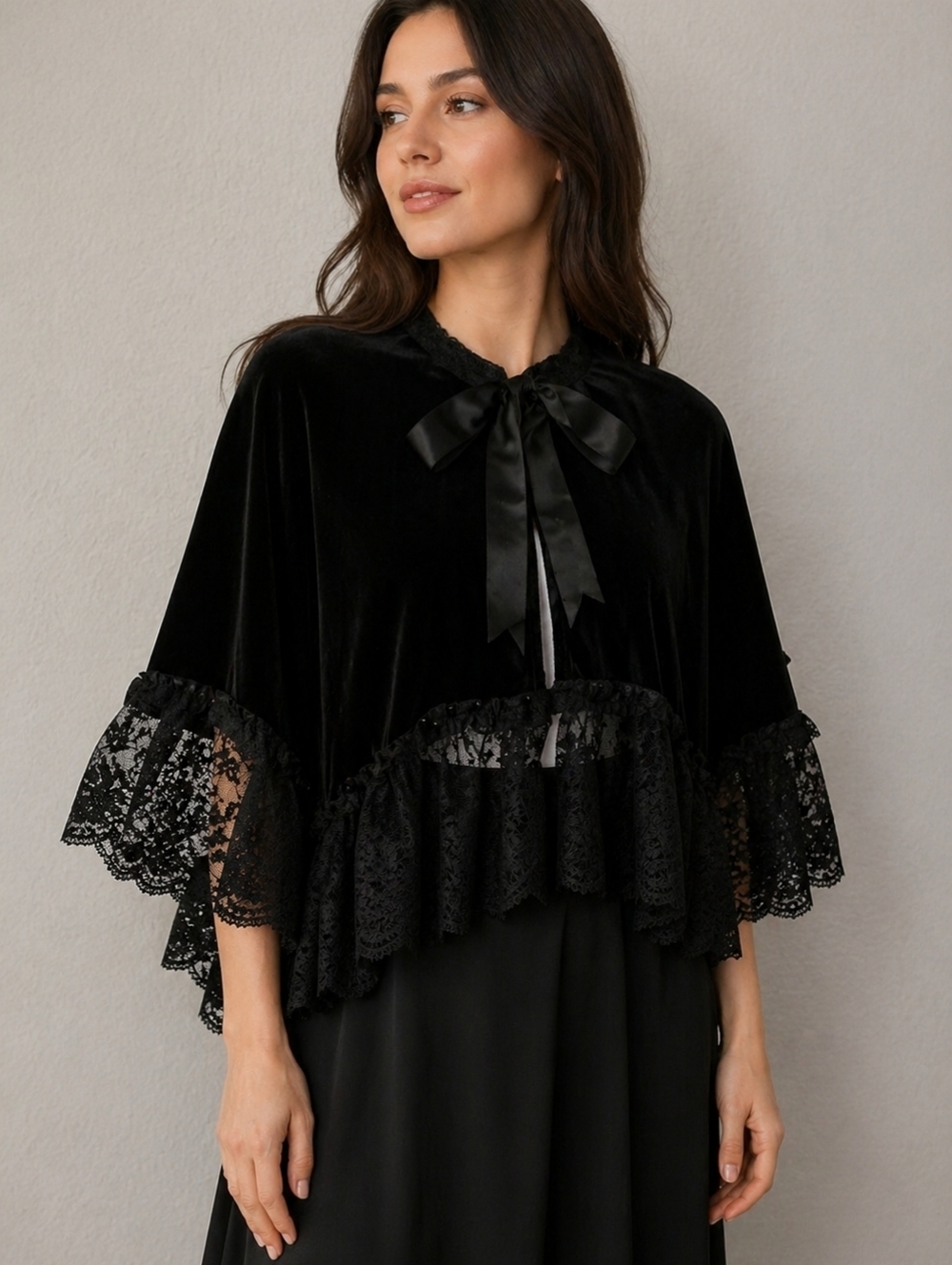 Vintage Black Velvet Beaded Lace Gothic Victorian Castlecore Cape